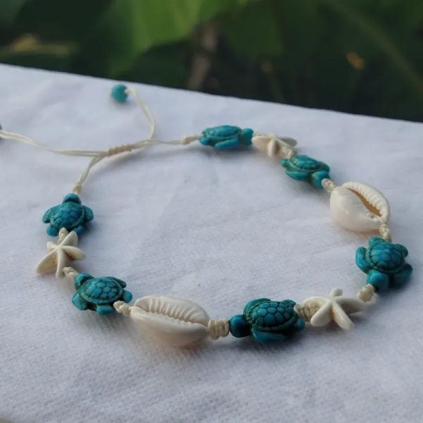 Tobillera Turquesa blanca y Azul y Caracoles Cauri