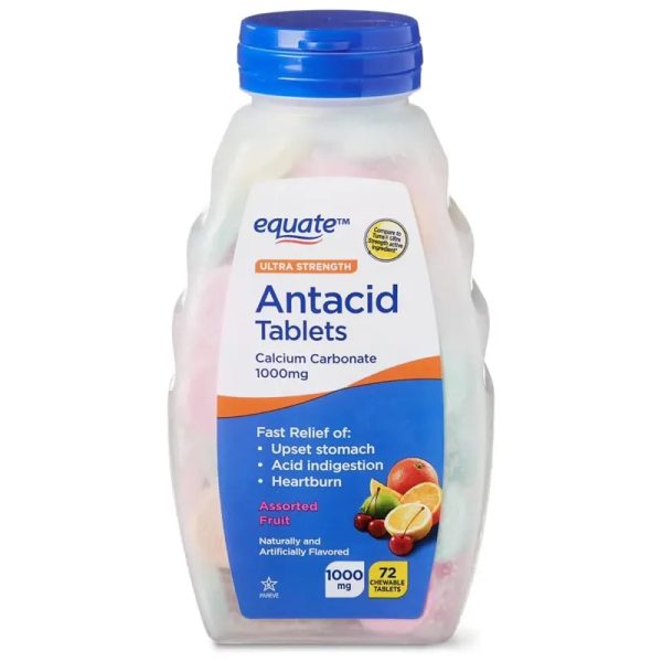 Equate Tabletas Masticables de Frutas Variadas de Antiácido Ultra Fuerte, 1000 mg, 72 Unidades