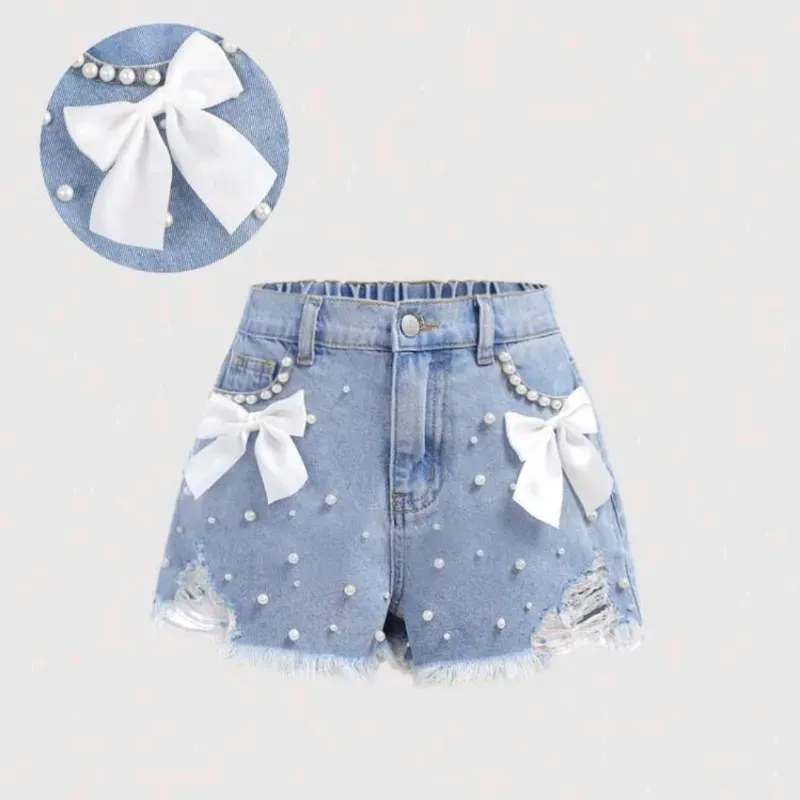  Short de mezclilla con lasos y perlas — Azul