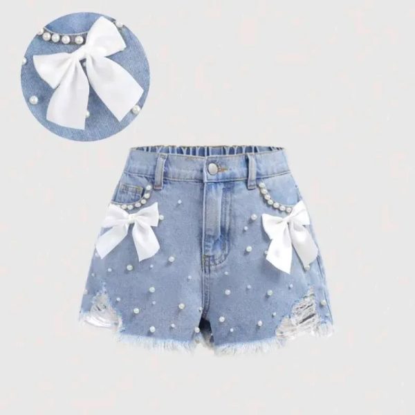  Short de mezclilla con lasos y perlas — Azul