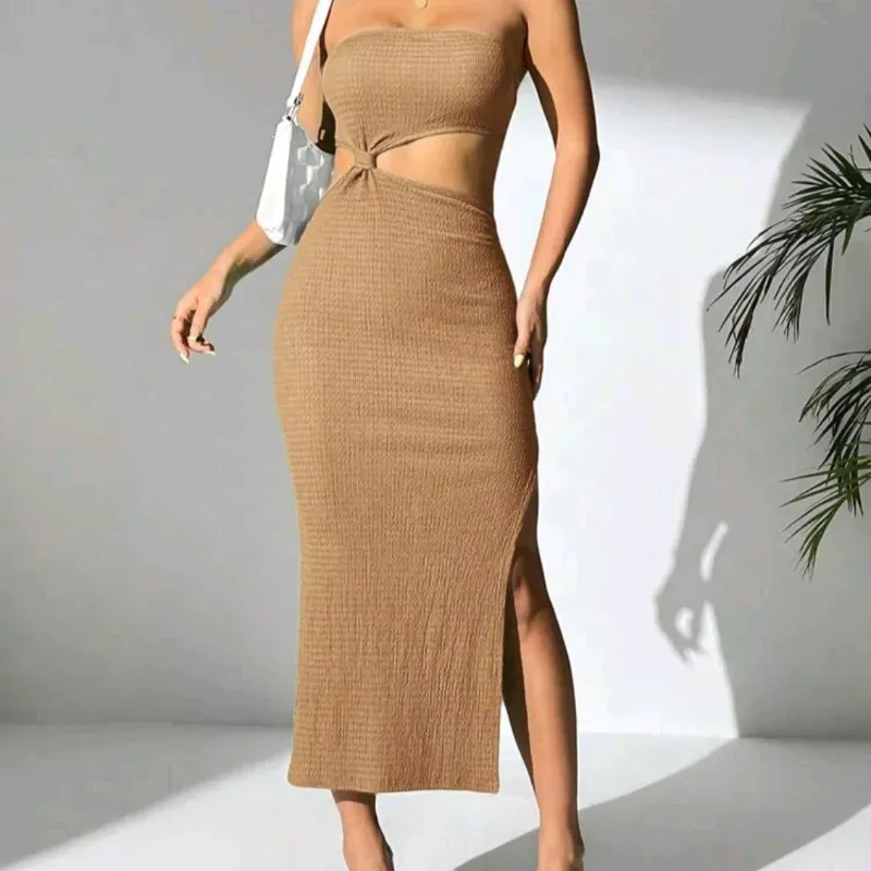  Vestido sin tirantes y nudo delantero — Beige
