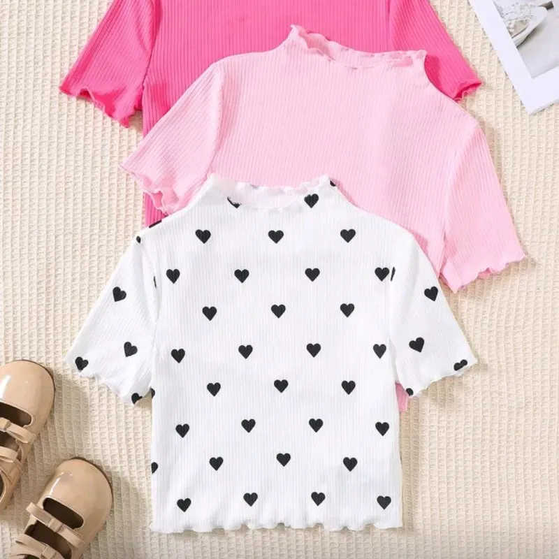  Camisetas con borde lechuga — Rosado/Blanco