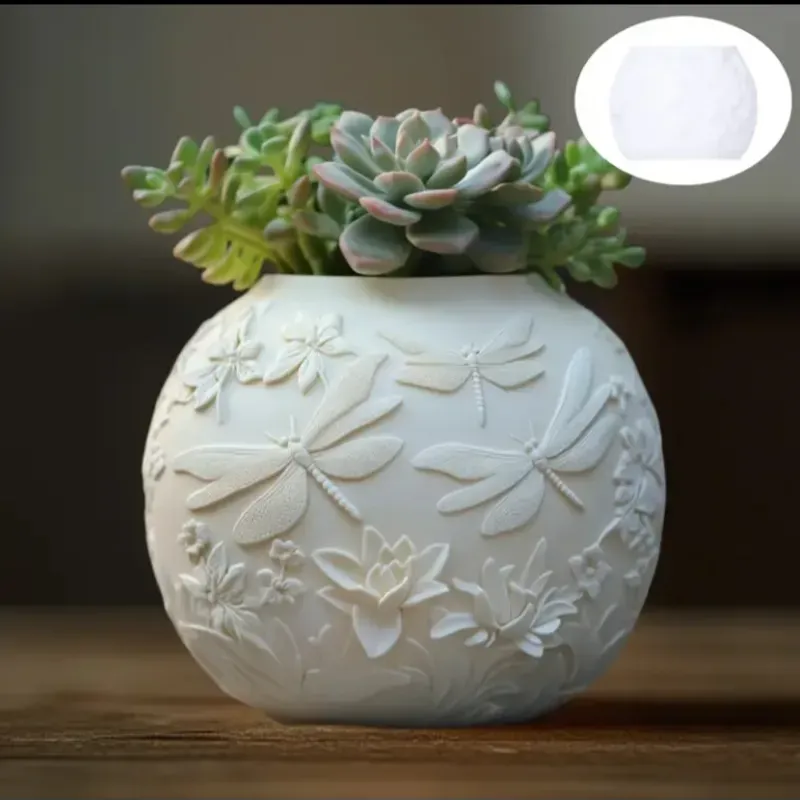 Maceta de yeso con relieves de libélulas y flores. Para plantas artificiales (no incluidas)