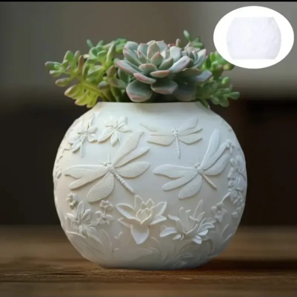Maceta de yeso con relieves de libélulas y flores. Para plantas artificiales (no incluidas)