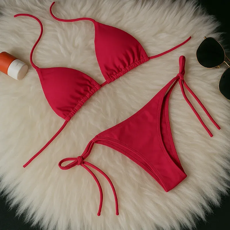 Bikini minimalista liso estilo tanga ROJO