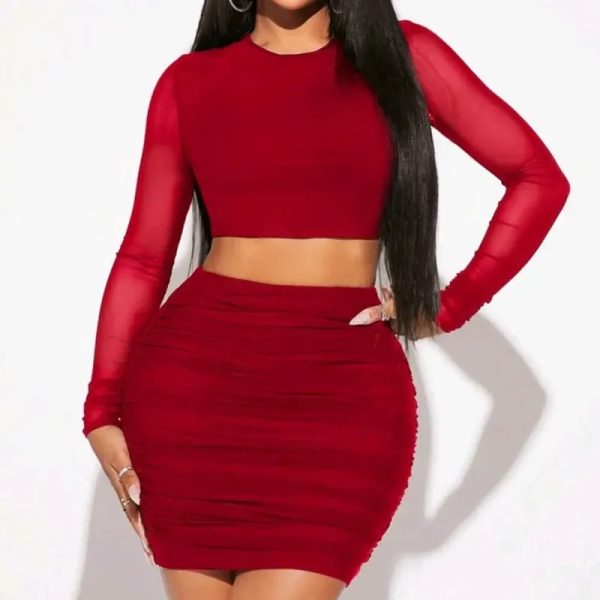 ❤️ Conjunto de falda corta y blusa de mangas largas — Rojo