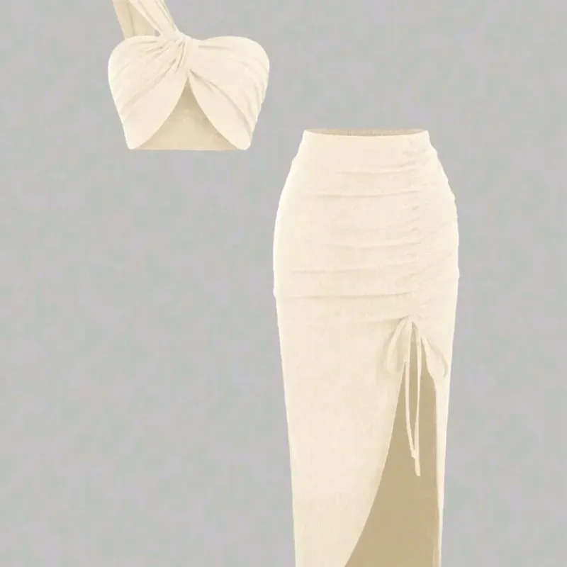  Conjunto falda larga con fruncido y top de un tirante — Beige pálido