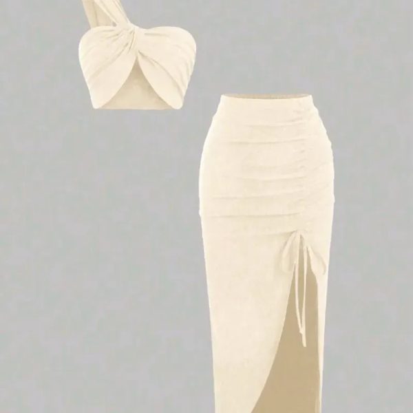  Conjunto falda larga con fruncido y top de un tirante — Beige pálido