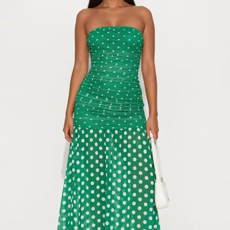 Vestido Largo Verde de Tirantes Patrón de Bolas Blancas