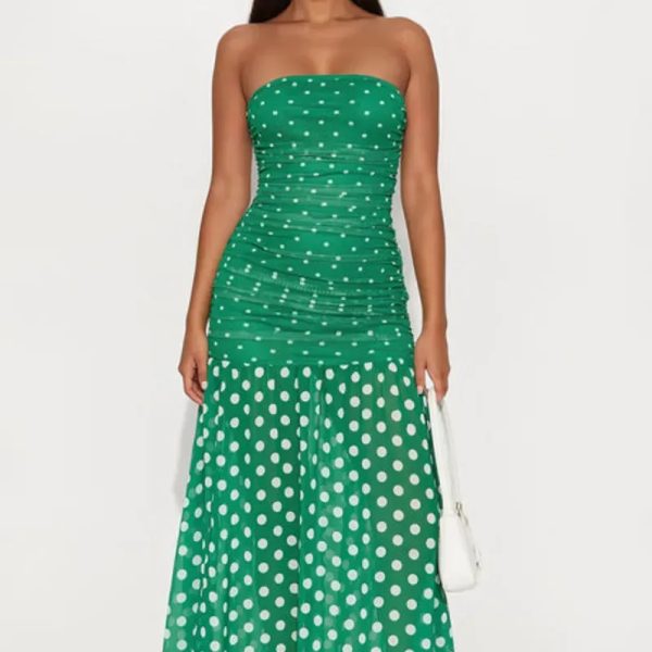 Vestido Largo Verde de Tirantes Patrón de Bolas Blancas
