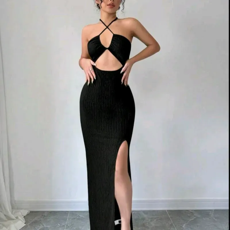  Vestido largo escote delantero — Negro