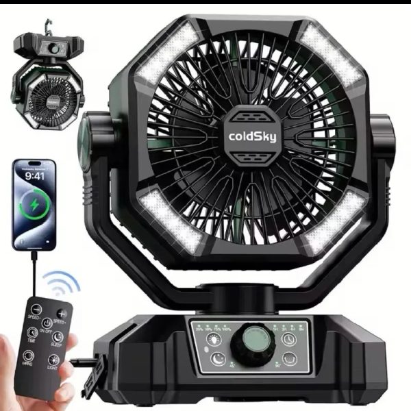VENTILADOR RECARGABLE 20000(Mha)CON 4 LINTERNAS LED, 8 VELOCIDADES CON CONTROL REMOTO,PORTÁTIL PARA EXTERIORES CON GANCHO