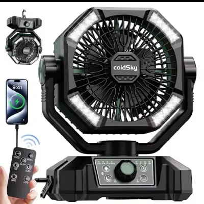 VENTILADOR RECARGABLE 20000(Mha)CON 4 LINTERNAS LED, 8 VELOCIDADES CON CONTROL REMOTO,PORTÁTIL PARA EXTERIORES CON GANCHO