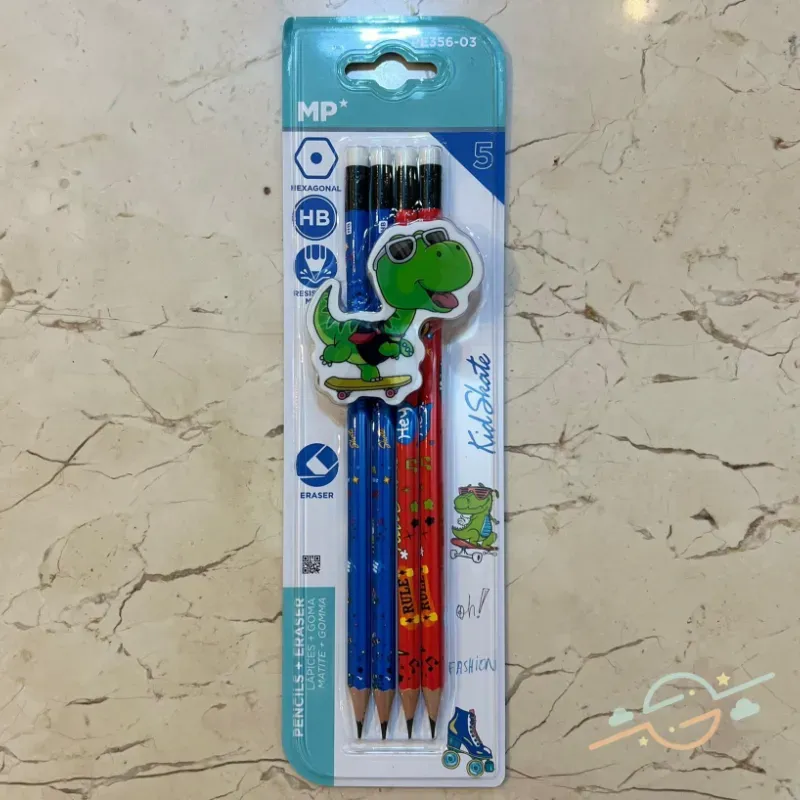 Pack 4 lápices con goma de dinosaurio