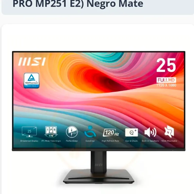 Monitor MSI 24.5" IPS FHD 120Hz 1ms Adaptive Sync HDR (Modelo: PRO MP251 E2) Negro Mate