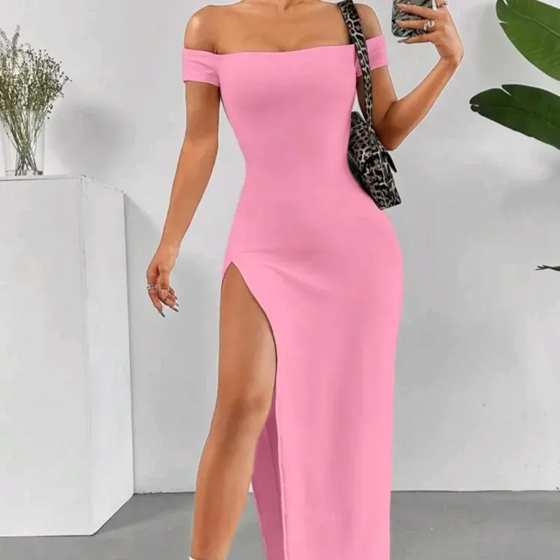  Vestido largo de abertura en la pierna — Rosado