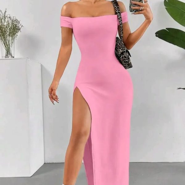  Vestido largo de abertura en la pierna — Rosado