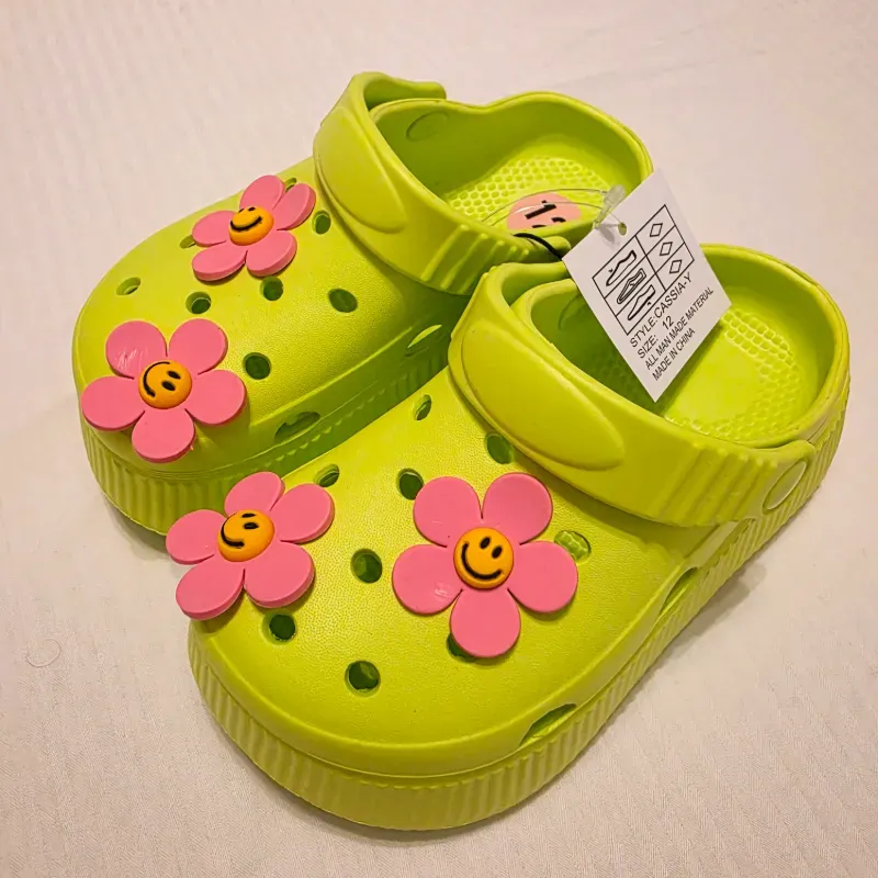 Pink Flower Green Crocs