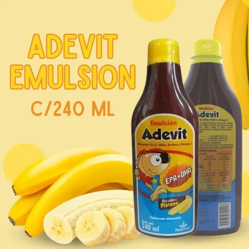 Emulsión Adevit Vitamina A y D, Calcio, Fósforo y Omega 3 Rico Sabor a Plátano Suplemento Alimenticio Frasco con 240 mL (Niños de 1 a 6 años y adultos)