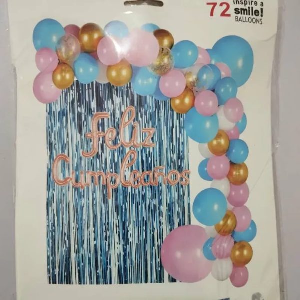 ‼️Set de Globos de 72 Piezas- Rosado, Azul y Dorado (Cartel Rosa Viejo y Cortina de flecos Azul)‼️