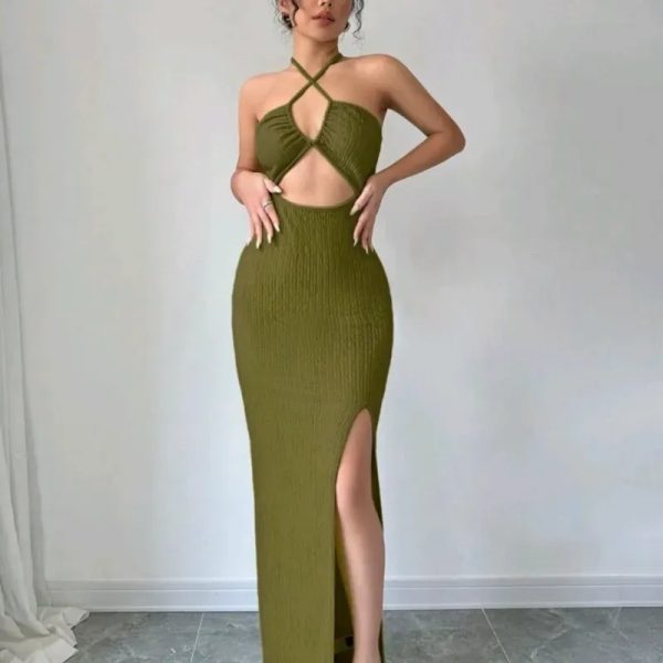  Vestido largo escote delantero — Verde