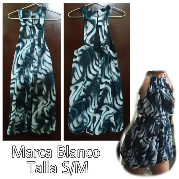 Vestido estampado azul, blanco y negro,