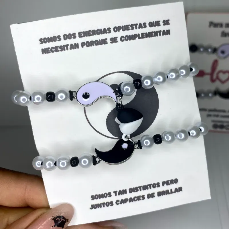Pareja Pulseras  ying yang 2 perlas con corazón imantado