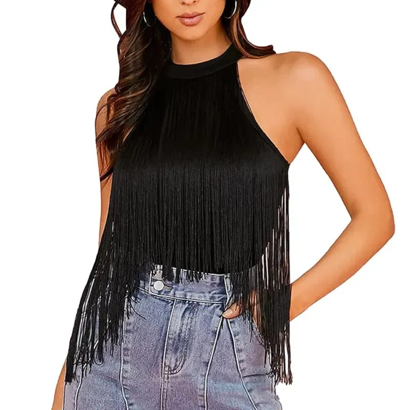 Top negro de flecos