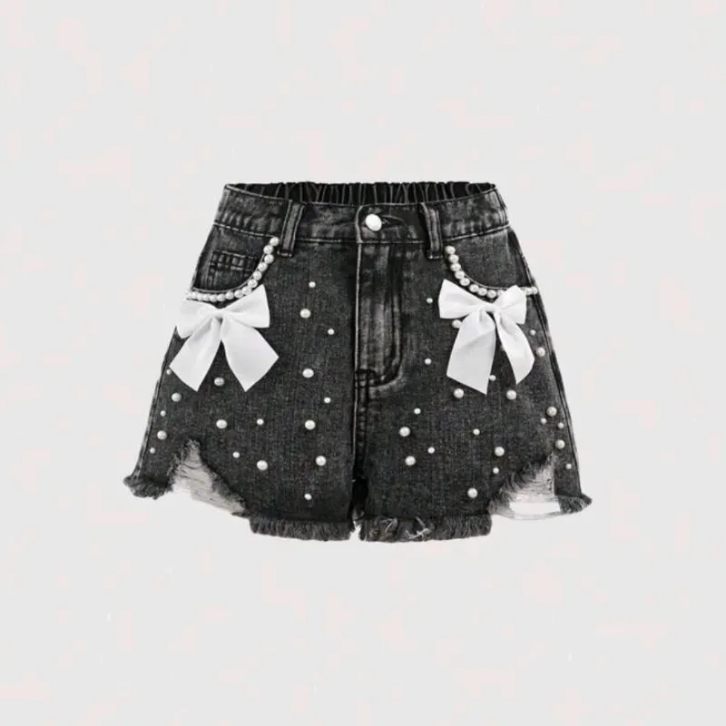  Short de mezclilla con lasos y perlas — Gris
