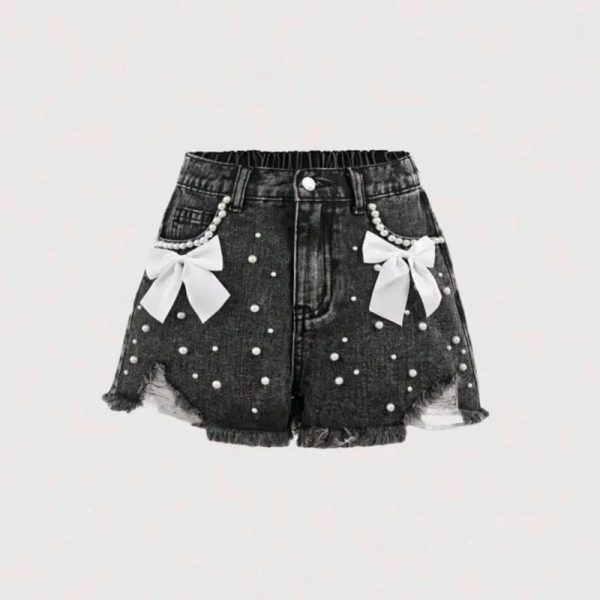  Short de mezclilla con lasos y perlas — Gris