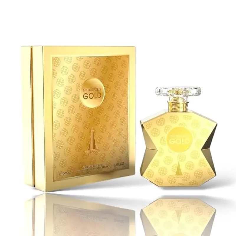 Metropolis Gold Eau De Parfum Unisex 3.4 fl oz 3.4 oz – Fragancia original de Dubái – Con notas superiores de almizcle, Oud y Rosa