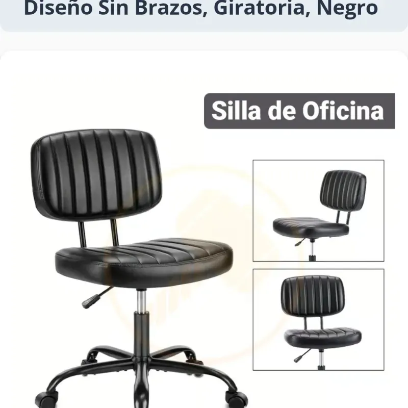 Silla de Oficina Compacta, de Cuero Sintético, con Soporte Lumbar, Diseño Sin Brazos, Giratoria, Negro