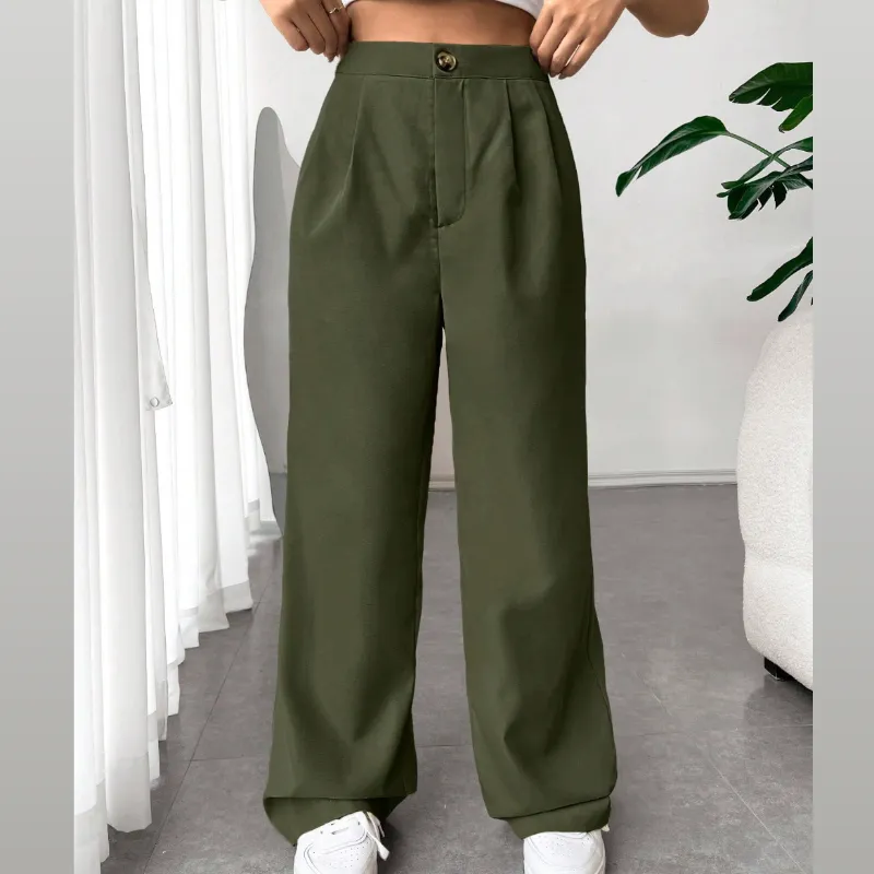 Pantalones Rectos Con Pliegues Y Color Sólido