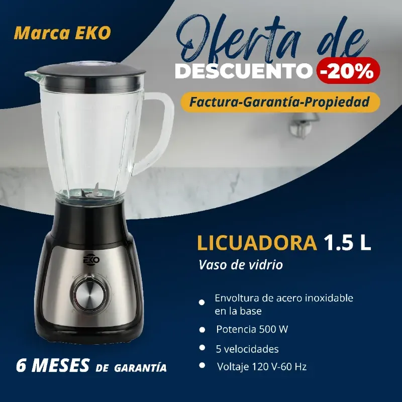 LICUADORA EKO VASO DE CRISTAL 1.5L (EKO-1055) (FAD)