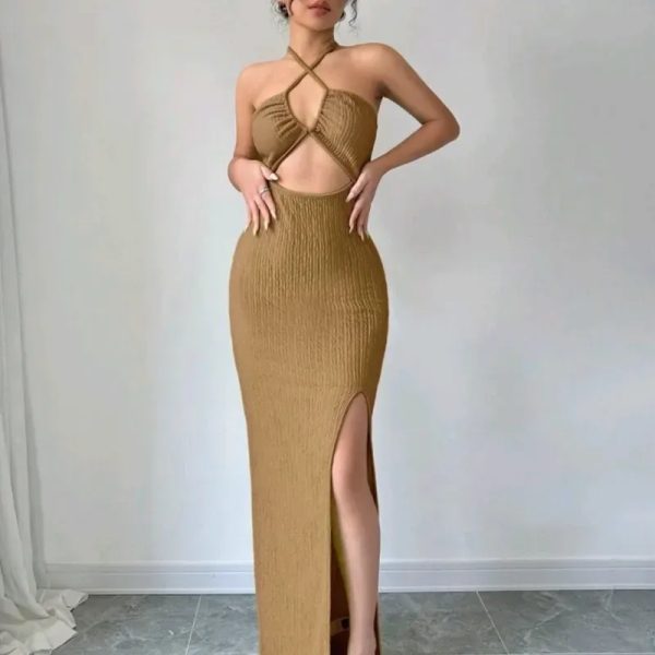  Vestido largo escote delantero — Beige