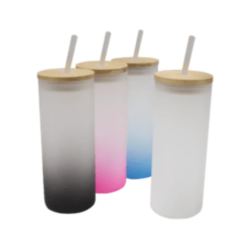 Vaso de vidrio tipo Skinny con tapa de bambú y popote para sublimación