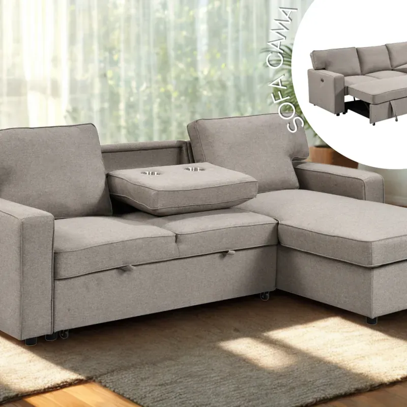 Sofa Cama Multifuncional con Chaise Longue y Almacenaje