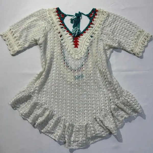 Vestido de Playa Tejido con Detalles Rojo y Azul