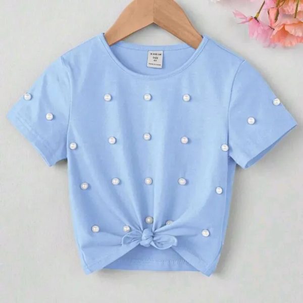 Camiseta celeste d manga con perlas