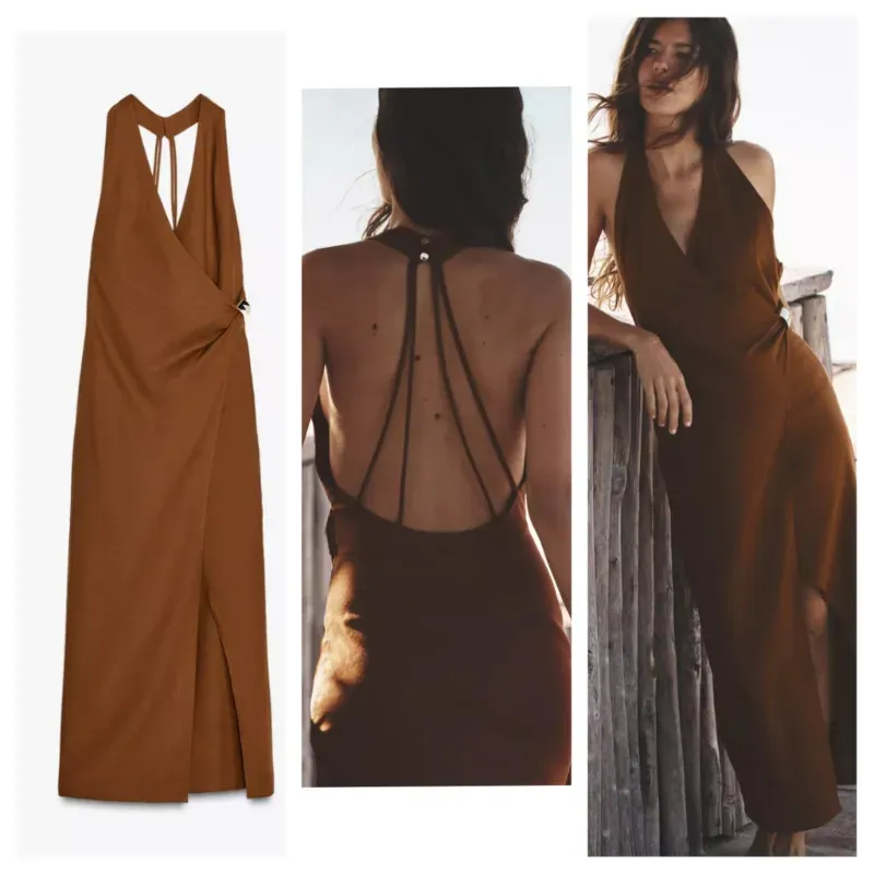 Vestido Zara lino aplique dorado