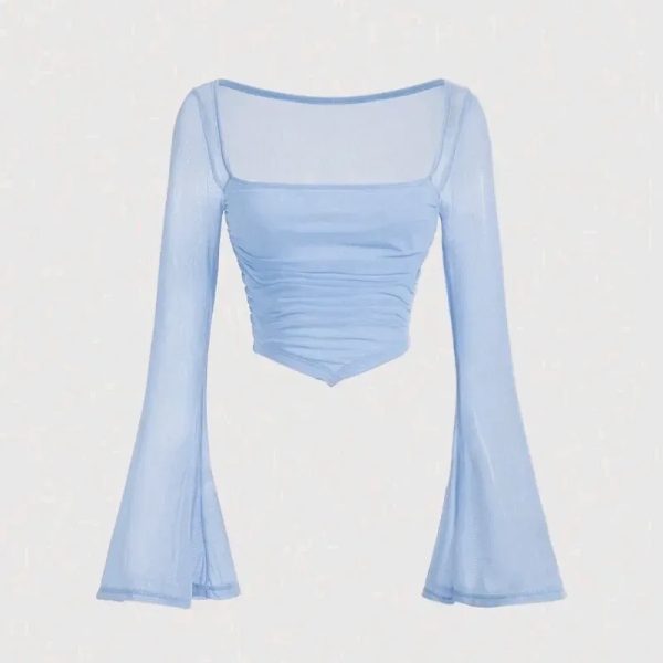 Top azul mangas largas acampanadas