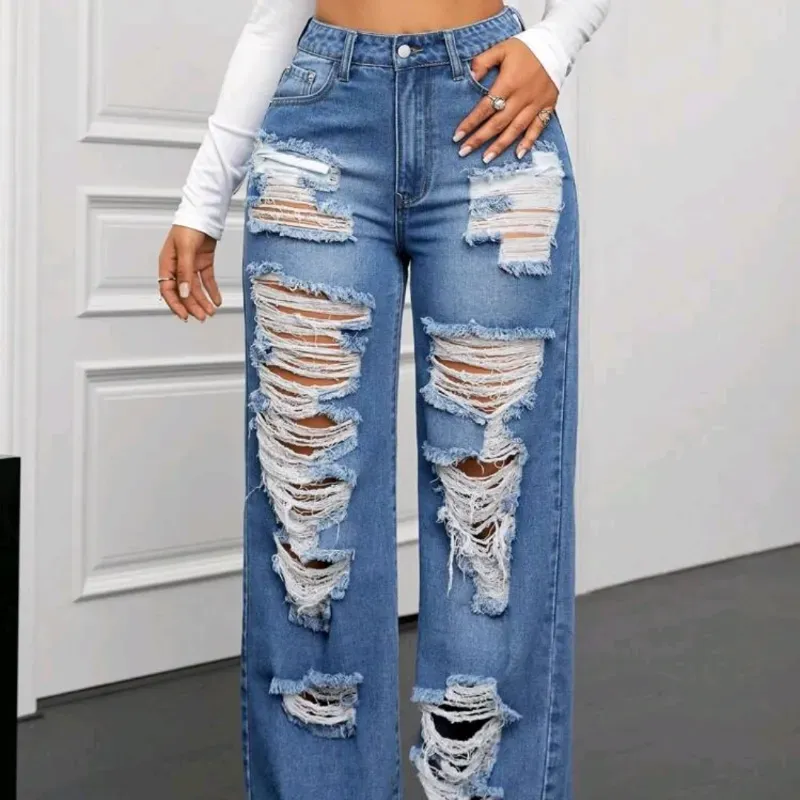  Jeans pierna recta rasgados y desgastados — Azul Mezclilla