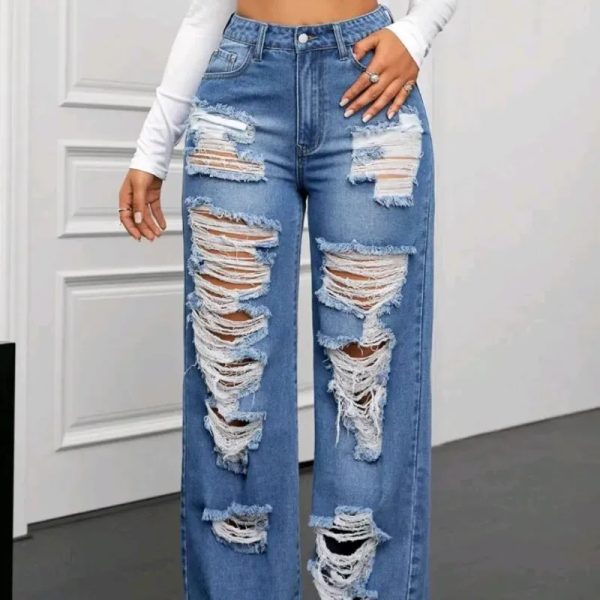  Jeans pierna recta rasgados y desgastados — Azul Mezclilla