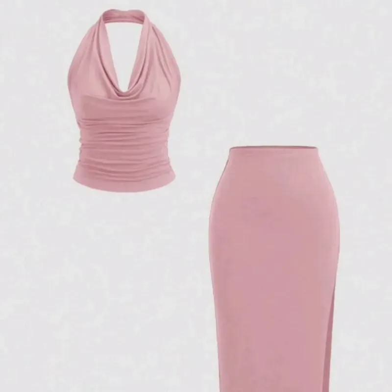  Conjunto de falda larga y top drapeado — Rosado