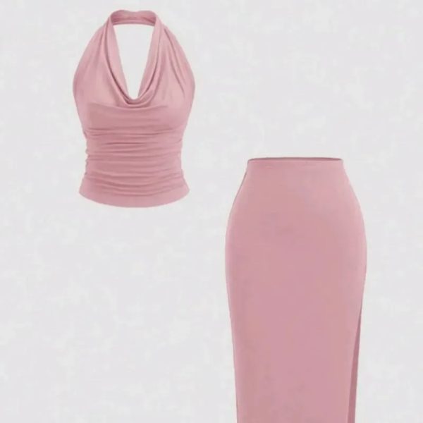  Conjunto de falda larga y top drapeado — Rosado