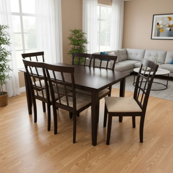 Juego de Comedor Kansas de Madera Oscura con 6 Sillas Tapizadas