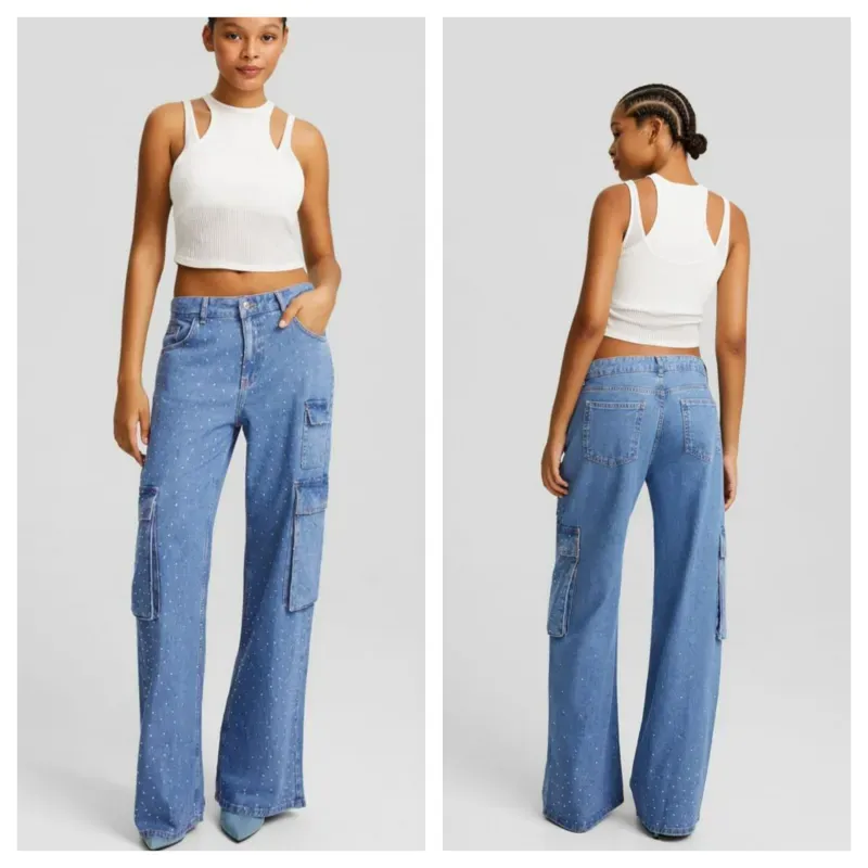 Jeans Bershka cargo brillos