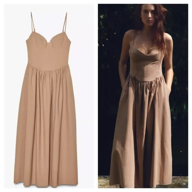 Vestido Zara beige bolsillos