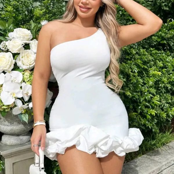  Vestido corto un hombro vuelo bajo — Blanco