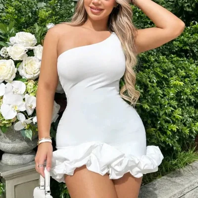 Vestido corto un hombro vuelo bajo — Blanco